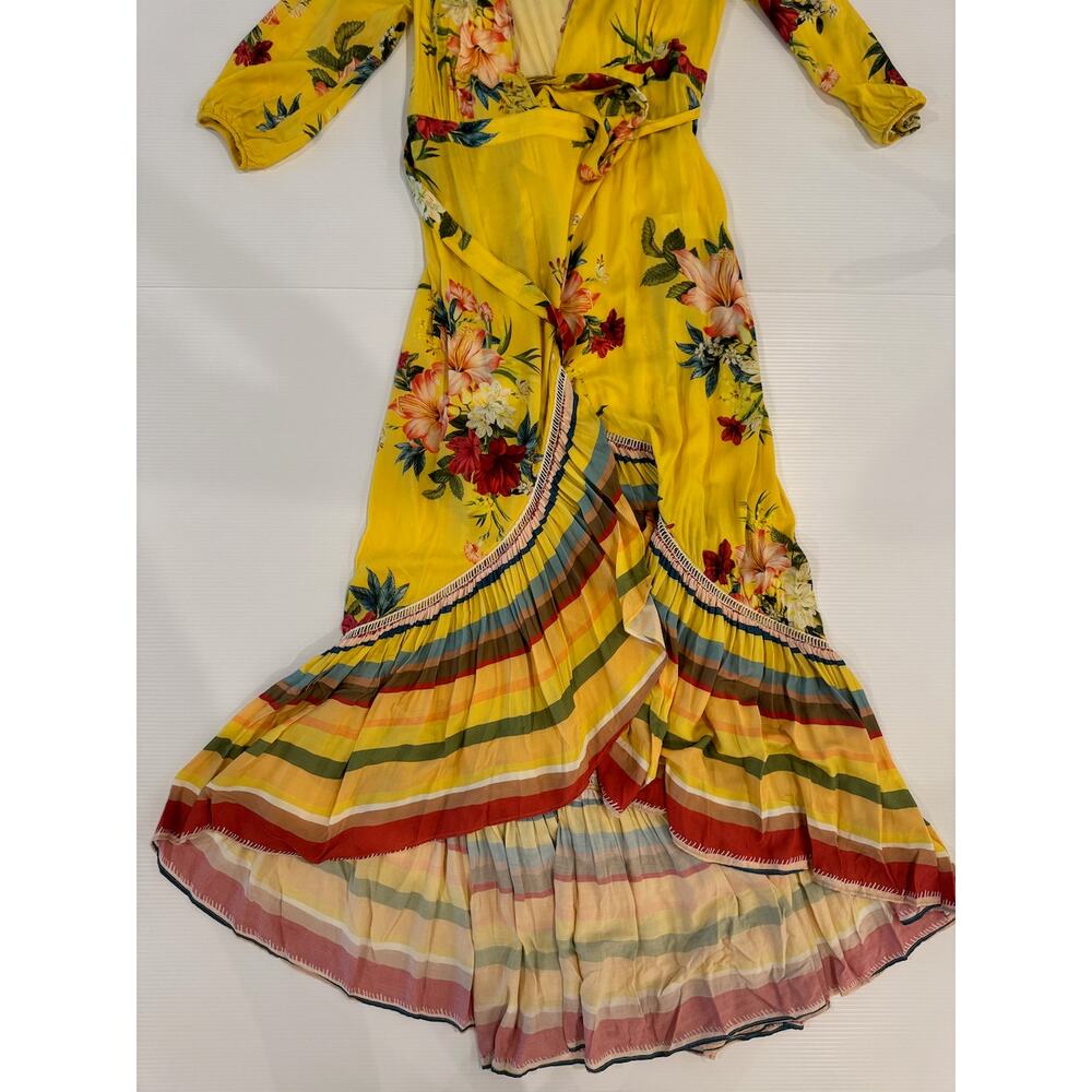 FARM Rio Anthropologie Marketplace Wrap Dress XS Yellow Floral Maxi Resort Boho - Picture 7 of 16